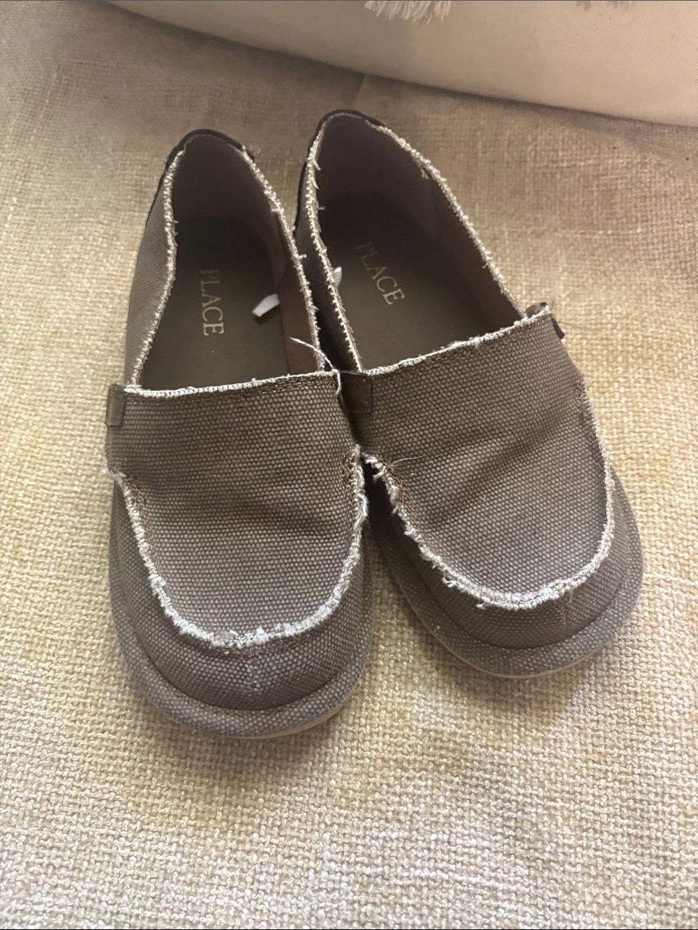 Boys Place Brown Canvas Slip-On Shoes with Frayed Trim